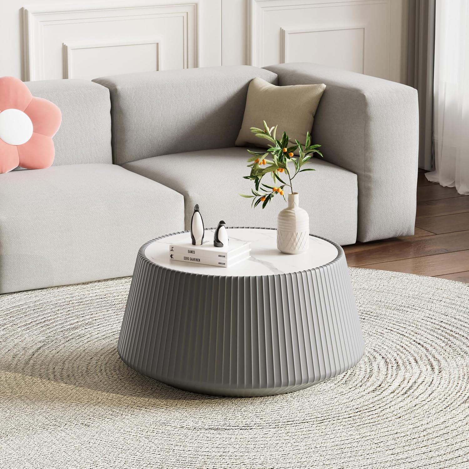 Round Coffee Table Set with Sintered Stone Tabletop, 26.77' Grey Drum Center Table and 19.68' Black Coffee Table Set, 2 Pieces Living Room Table Set with Fluted PU Leather Cover& Stable Base