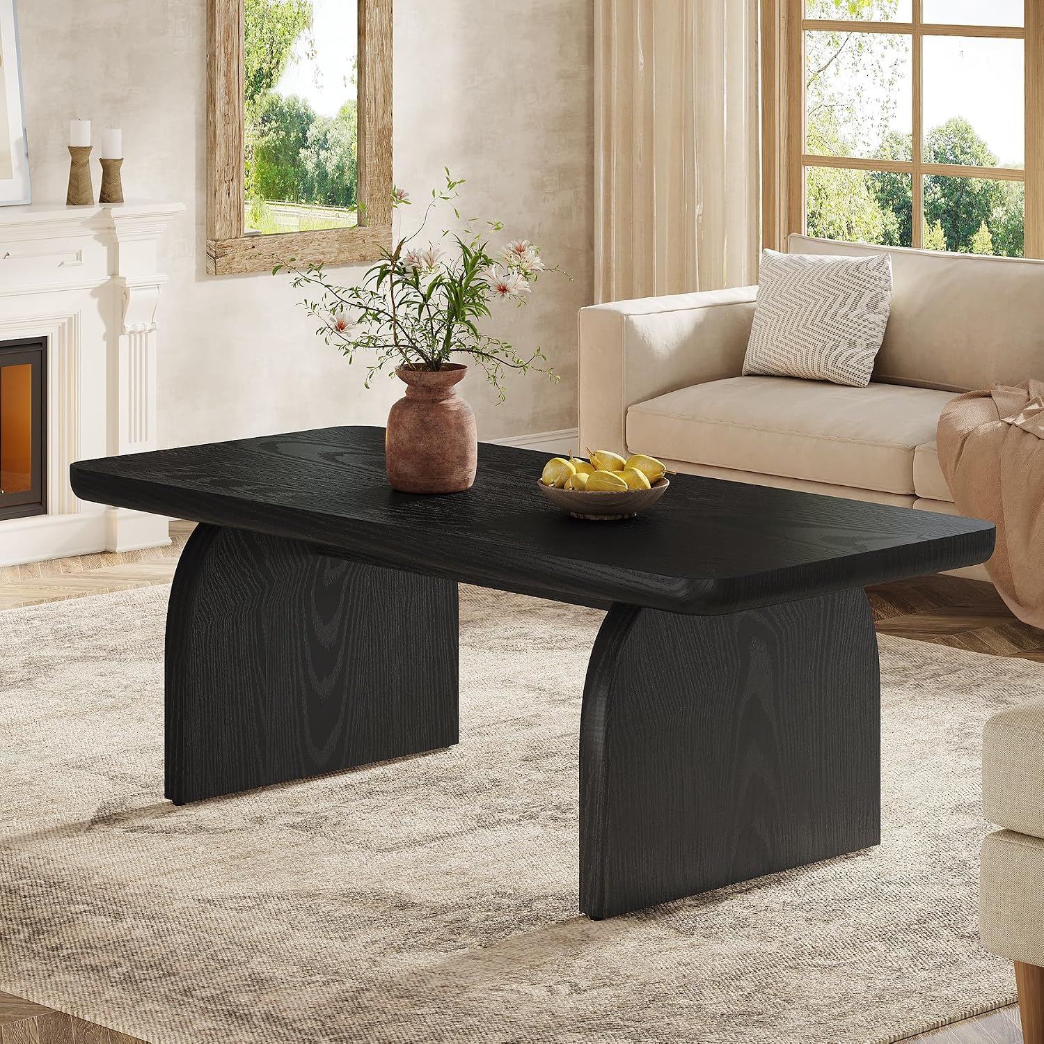 Tribesigns Farmhouse Coffee Table for Living Room, 47-Inch Mid-Century Rectangular Center Table with Rounded Corners, Modern Low Large Cocktail Tea Furniture, Easy Assembly (Black)