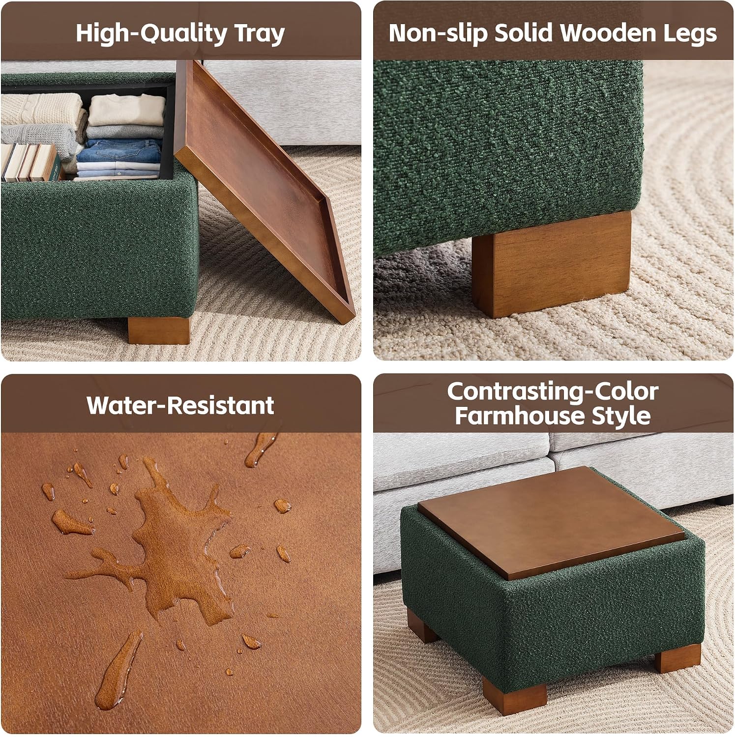 WUTUTUEE 24' Square Ottoman Coffee Table with Storage, Boucle Ottomans with Tray and Solid Wood Legs for Living Room, Bedroom and Apartments, Small Modern Ottoman Tea Table with Lift-Off Lid, Green