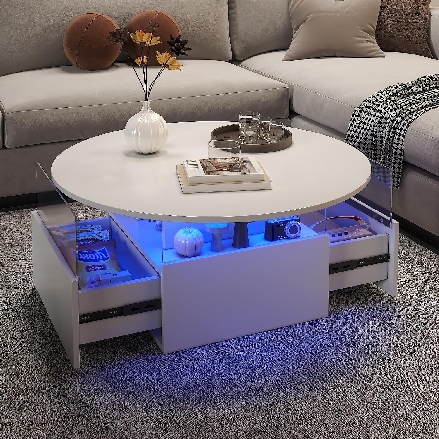 HedoAjim 31.5' Round Coffee Table for Living Room, LED Modern Living Room Table with Storage, Square Acrylic Coffee Tables with 2 Sliding Drawers, Wood Center Table for Reception Dinning Room, White