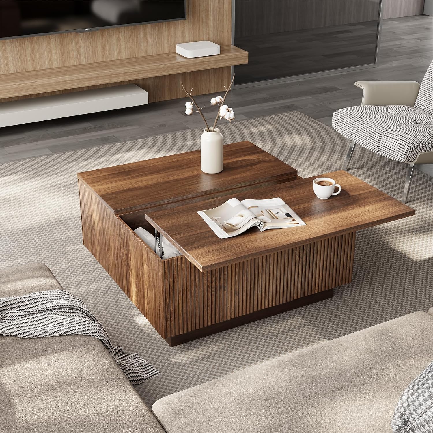 Epecoya Lift Top Coffee Table, Farmhouse Square Fluted Center Table, 31' Modern Wooden Tea Table with Hidden Storage for Living Room, Apartment, Small Spaces, Brown Walnut