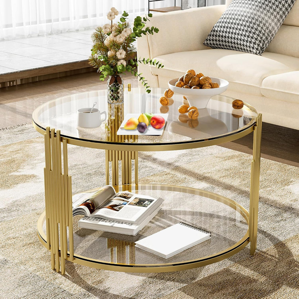 Gold Glass Coffee Table Round Modern Living Room Table, Luxury Stainless Steel Irregular Leg Tempered Glass, Circle Sofa Center Table for Home Office, 31.5' Clear