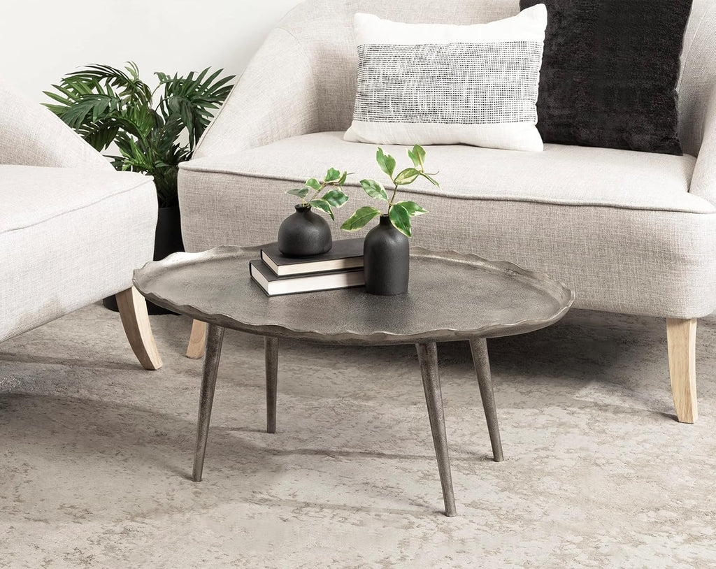 Kate and Laurel Alessia Modern Glam Oval Coffee Table, 34 x 20 x 15, Silver, Metal Living Room Table for Storage and Display with Antique Deckled Edge Detailing