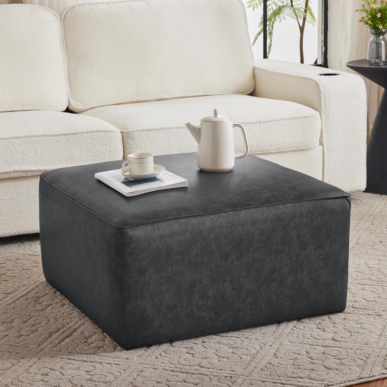 Christopher Knight Home Ellis Faux Leather Ottoman Footstool, Square Pouf Poufee Footrest Ottoman Large Seat, Modern Side Table for Living Room Bedroom Home Decor Gifts, Black