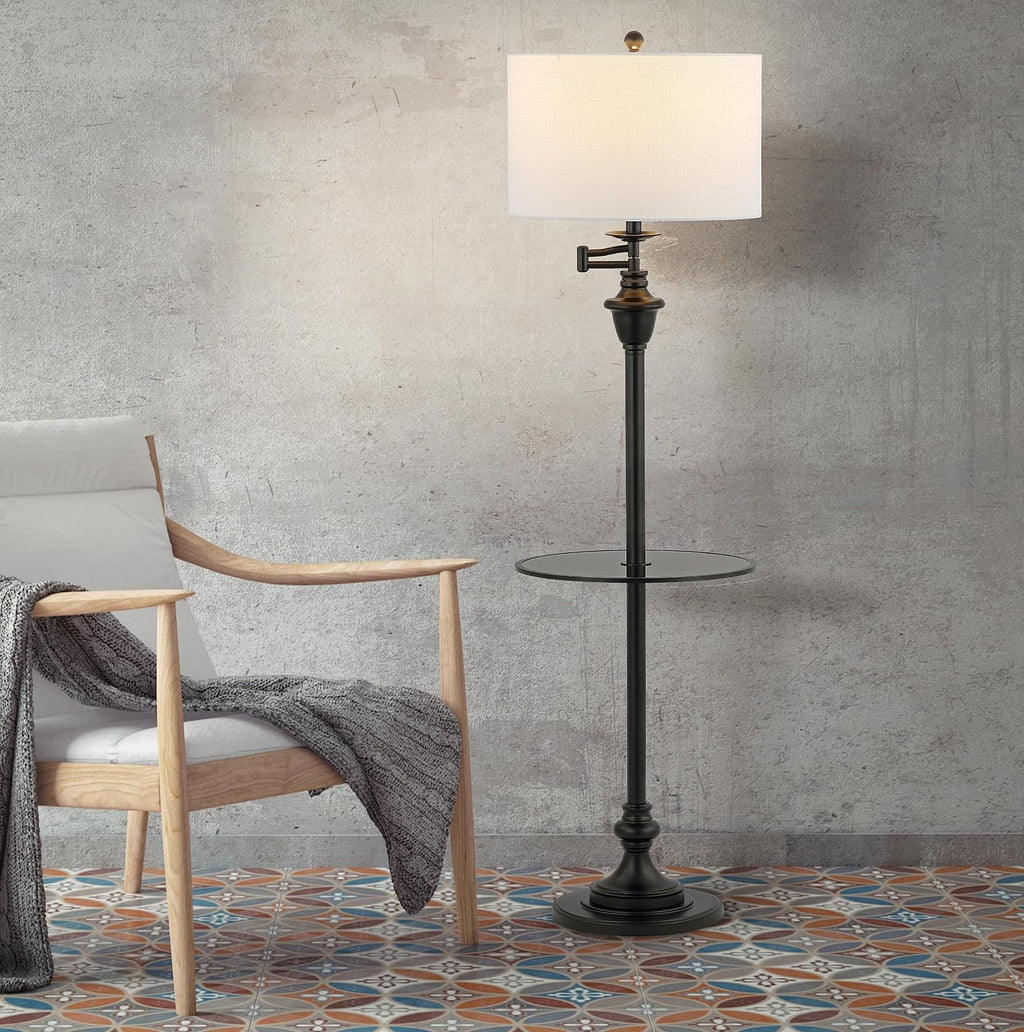 JONATHAN Y 60' Black Floor Lamp with Integrated Glass Side Table, Modern Swing Arm Standing Lamp for Living Room, White Linen Shade, LED Bulb Included (JYL3055D)