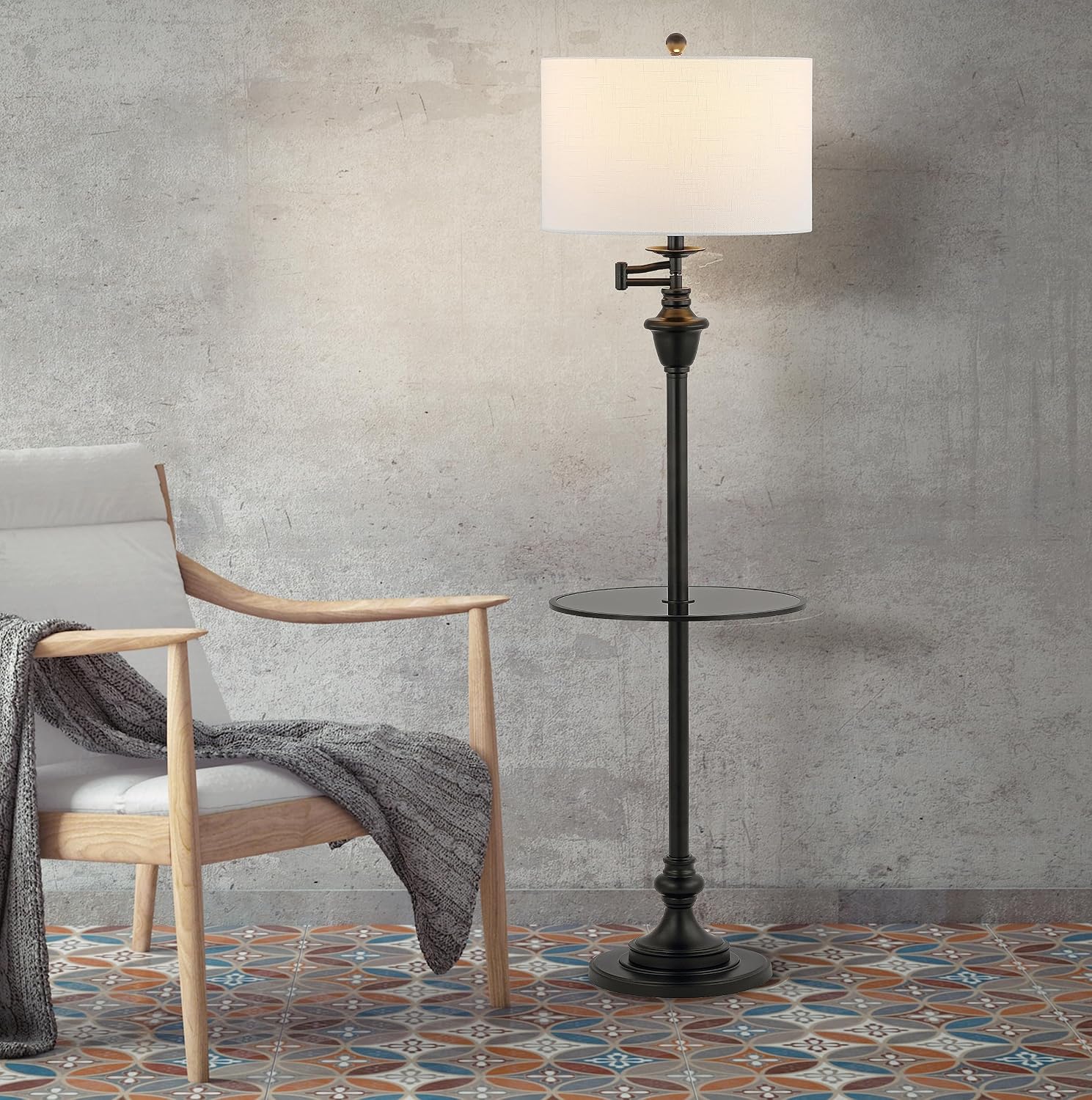 JONATHAN Y 60' Black Floor Lamp with Integrated Glass Side Table, Modern Swing Arm Standing Lamp for Living Room, White Linen Shade, LED Bulb Included (JYL3055D)