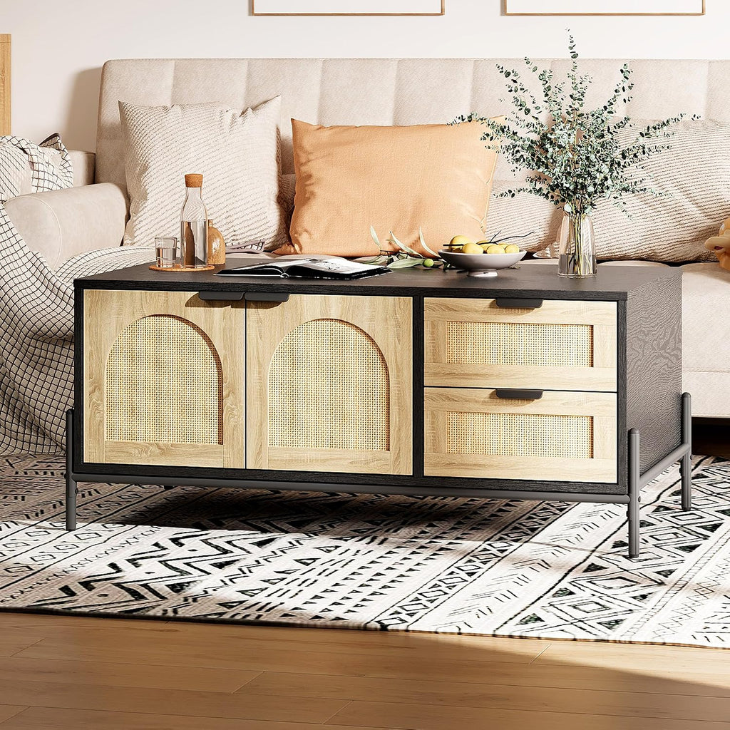 Mid Century Modern Rattan Coffee Table with Storage, Boho Rectangle Center Table with 2 Drawers, Open Shelf & Cabinet, Living Room Table with LED Lights, Wood and Metal Frame, Natural Oak and Black