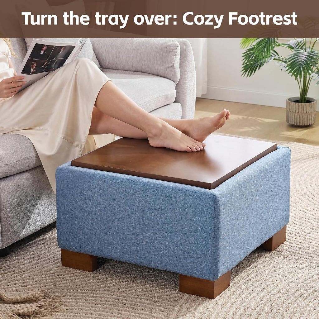 WUTUTUEE 24' Square Ottoman Coffee Table with Storage, Fabric Ottomans with Tray and Solid Wood Legs for Living Room, Bedroom and Apartments, Small Modern Ottoman Tea Table with Lift-Off Lid, Blue