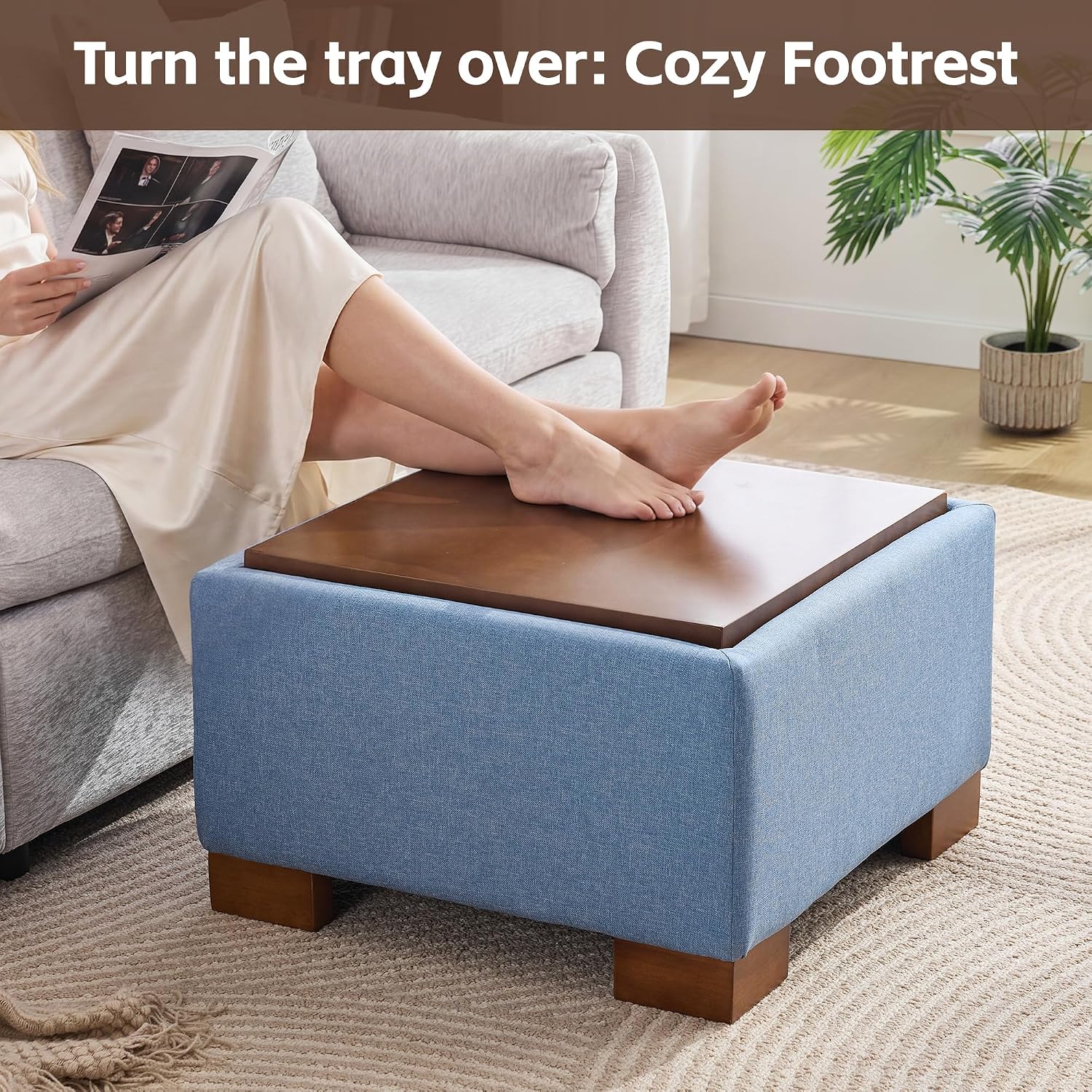 WUTUTUEE 24' Square Ottoman Coffee Table with Storage, Fabric Ottomans with Tray and Solid Wood Legs for Living Room, Bedroom and Apartments, Small Modern Ottoman Tea Table with Lift-Off Lid, Blue