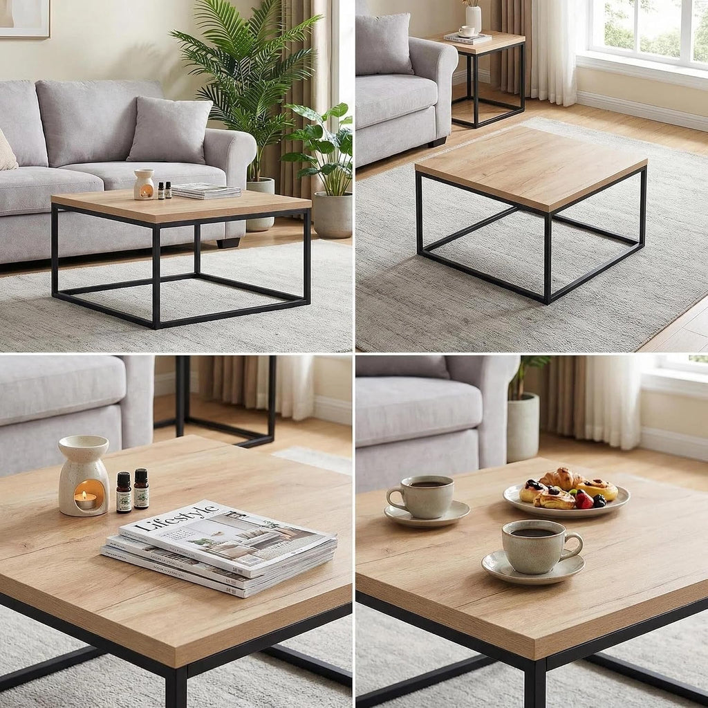 CENSI 30' Square Coffee Table, Natural Oak Light Wood Center Table for Living Room, Modern Industrial Farmhouse Cocktail Table, Extra Thick 1.2' Top with Sturdy Metal Frame, Scandi Style