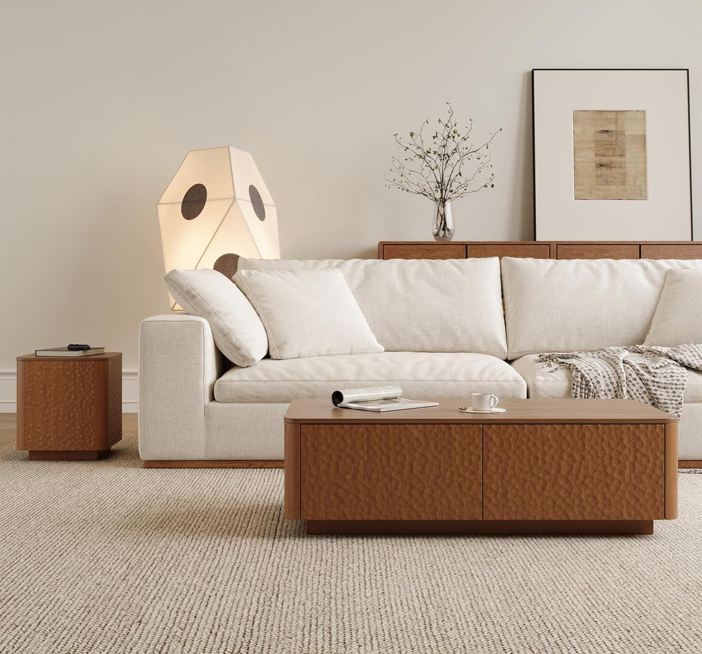 SSLine 47.2' Hammered Wood Coffee Table with 2 Storage Drawers, Modern Rectangle Center Table with Curved Edges & Textured Finish for Living Room Home Office,Brown