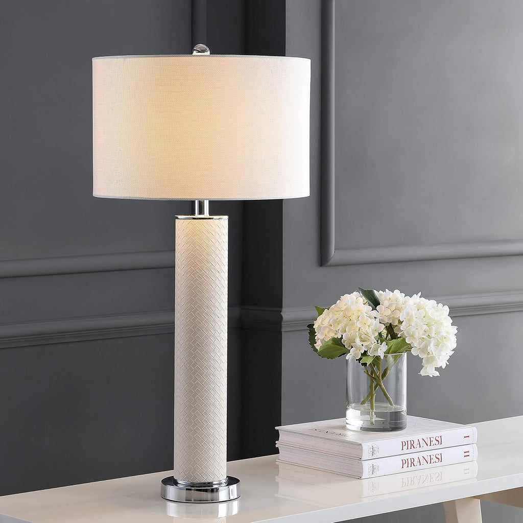 SAFAVIEH Lighting Collection – Set of 2 Ollie Modern Contemporary Cream Faux Woven Leather 32-Inch Table Lamps, LED Bulbs Included, Bedroom Living Room Home Office (LIT4404L-SET2)