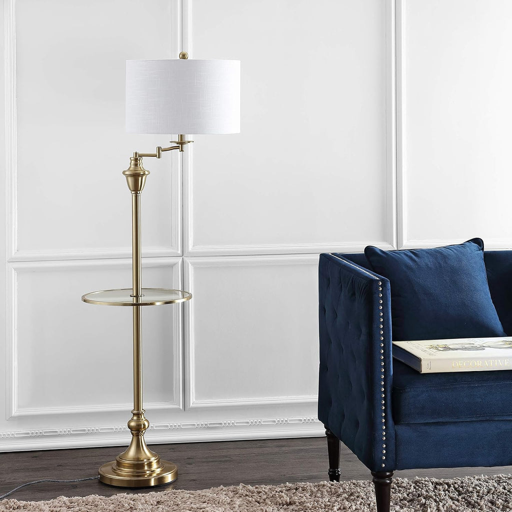JONATHAN Y 60' Brass Gold Floor Lamp with Integrated Glass Side Table, Modern Swing Arm Standing Lamp for Living Room, White Linen Shade, LED Bulb Included JYL3055A