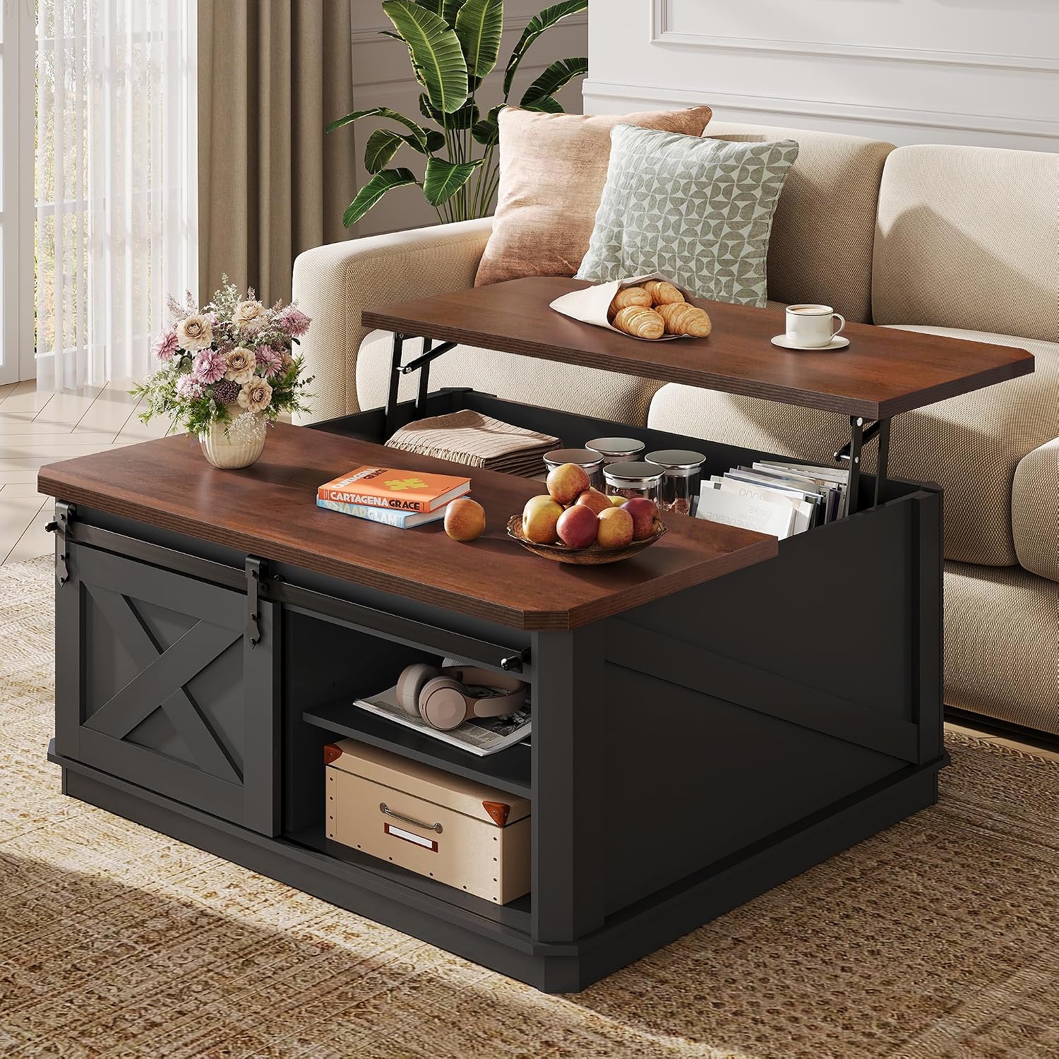 WLIVE Farmhouse Coffee Table with Storage, 35.5' Lift Top Coffee Table for Living Room, Square Center Table, Rustic Cocktail Table with Sliding Barn Doors, Curevd Base, Black