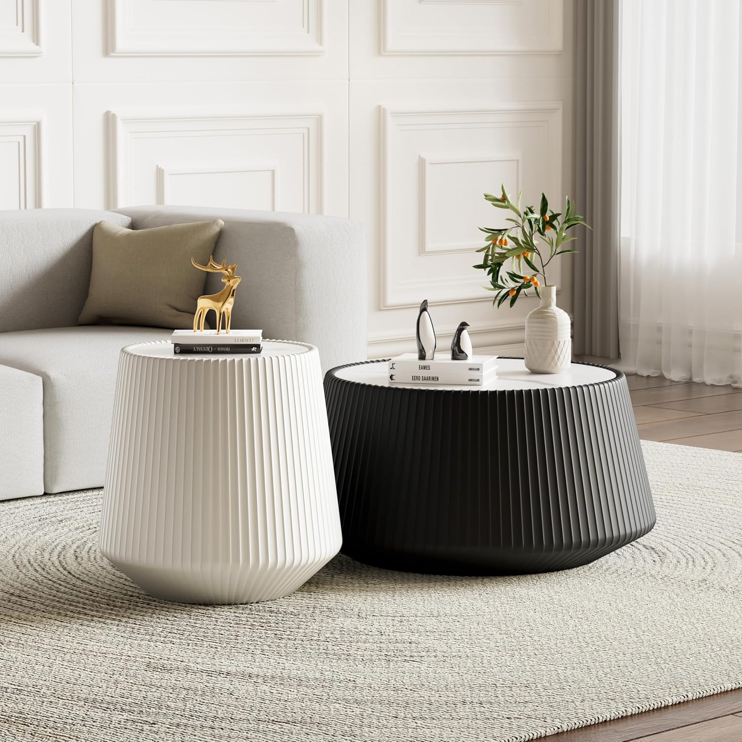 Round Coffee Table Set with Sintered Stone Tabletop, 26.77' Black Drum Center Table and 19.68' White Coffee Table Set, 2 Pieces Living Room Table Set with Fluted PU Leather Cover& Stable Base