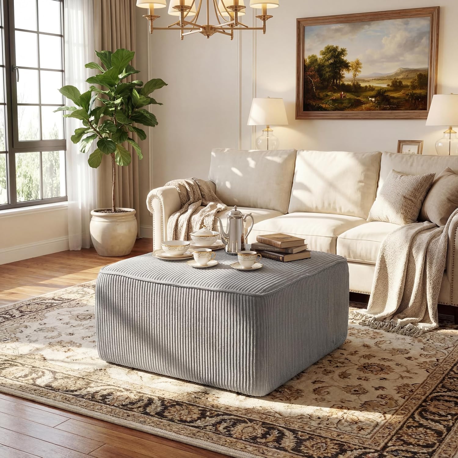 Christopher Knight Home Kyle Corduroy Woven Upholstery Square Ottoman, Living Room Sofa Ottoman with Wood Frame, Comfy Seating Experience with Dense Foam Padding, Non-Marking Foot Caps, Muted Green