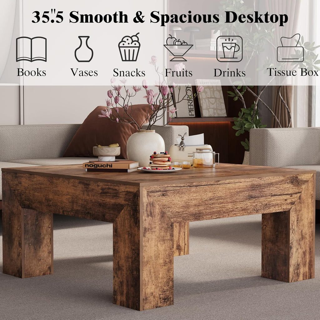 LUMTOK Wooden Square Coffee Table,35.5 inch Farmhouse Low Cocktail with Thick Base for Living Room (Rustic Brown)