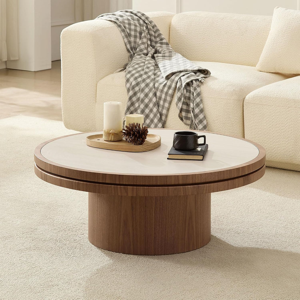 JUSTONE 35.43''Round Coffee Table,Farmhouse Wood Coffee Table for Living Room Apartment,Easy Assembly,Walnut(ø35.43'' x 13.78'')
