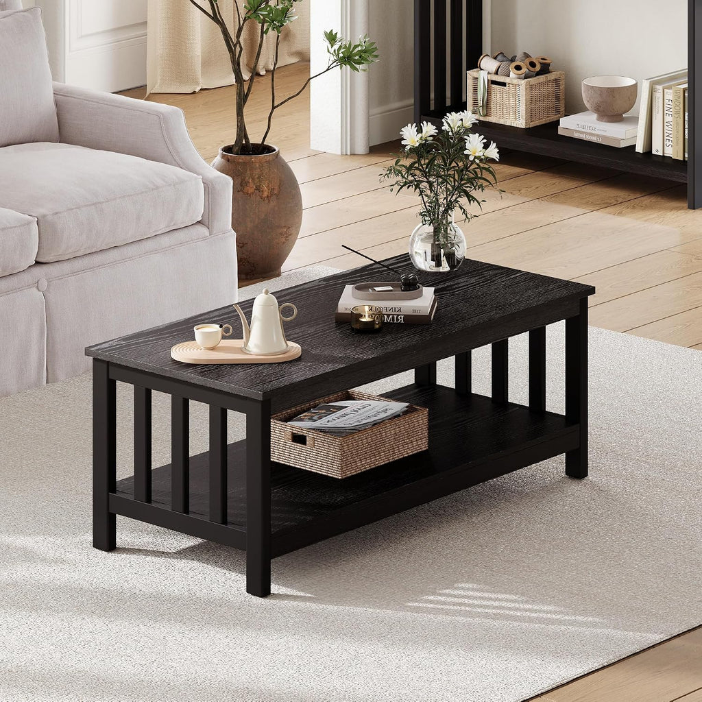 ChooChoo Mission Coffee Table, Black Wood Living Room Table with Shelf, 47 inch