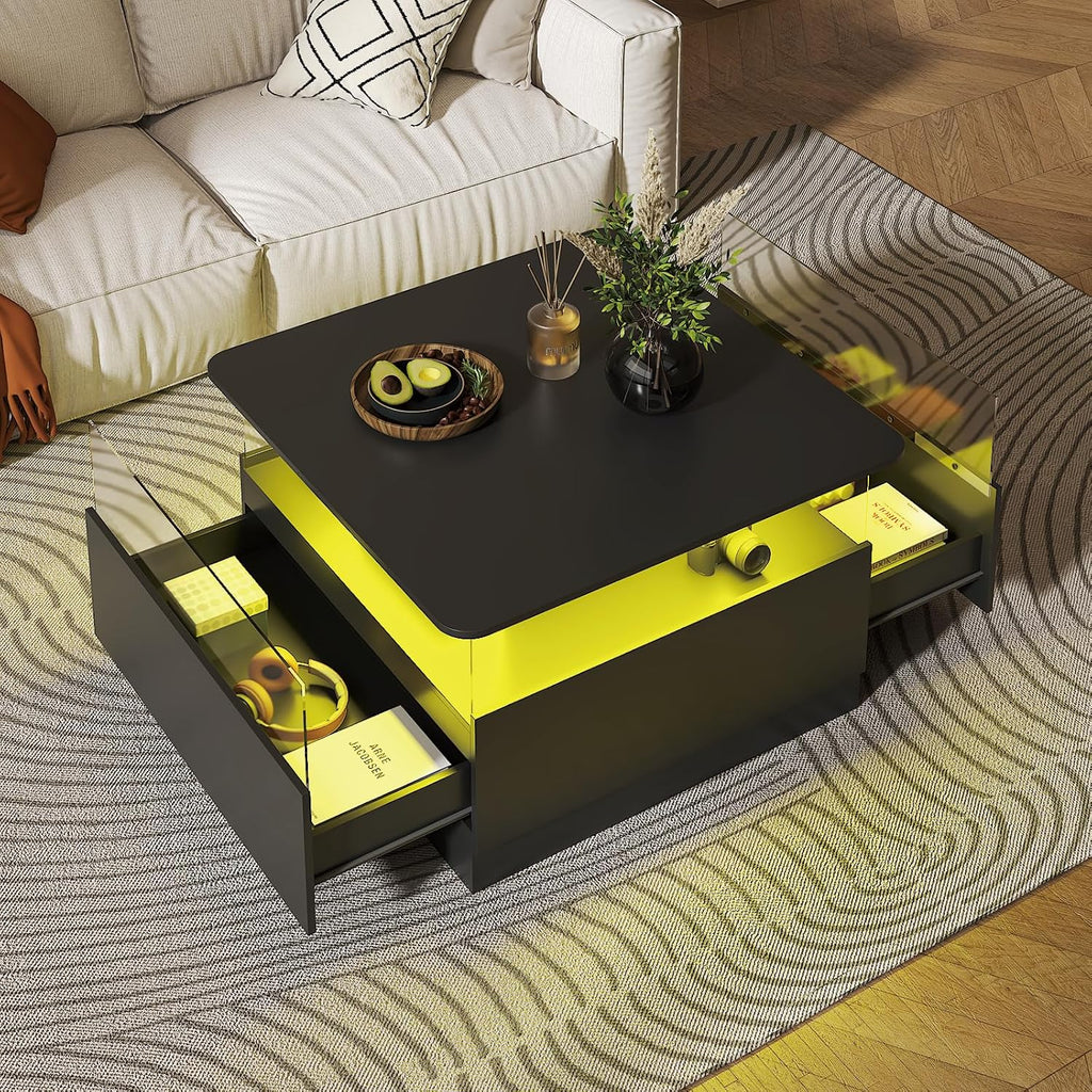 HedoAjim Square Coffee Tables with Storages, Modern Coffee Table for Living Room, Black Round Coffee Tables and 2 Spacious Drawers, Coffee Table with LED Light