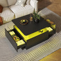 HedoAjim Square Coffee Tables with Storages, Modern Coffee Table for Living Room, Black Round Coffee Tables and 2 Spacious Drawers, Coffee Table with LED Light