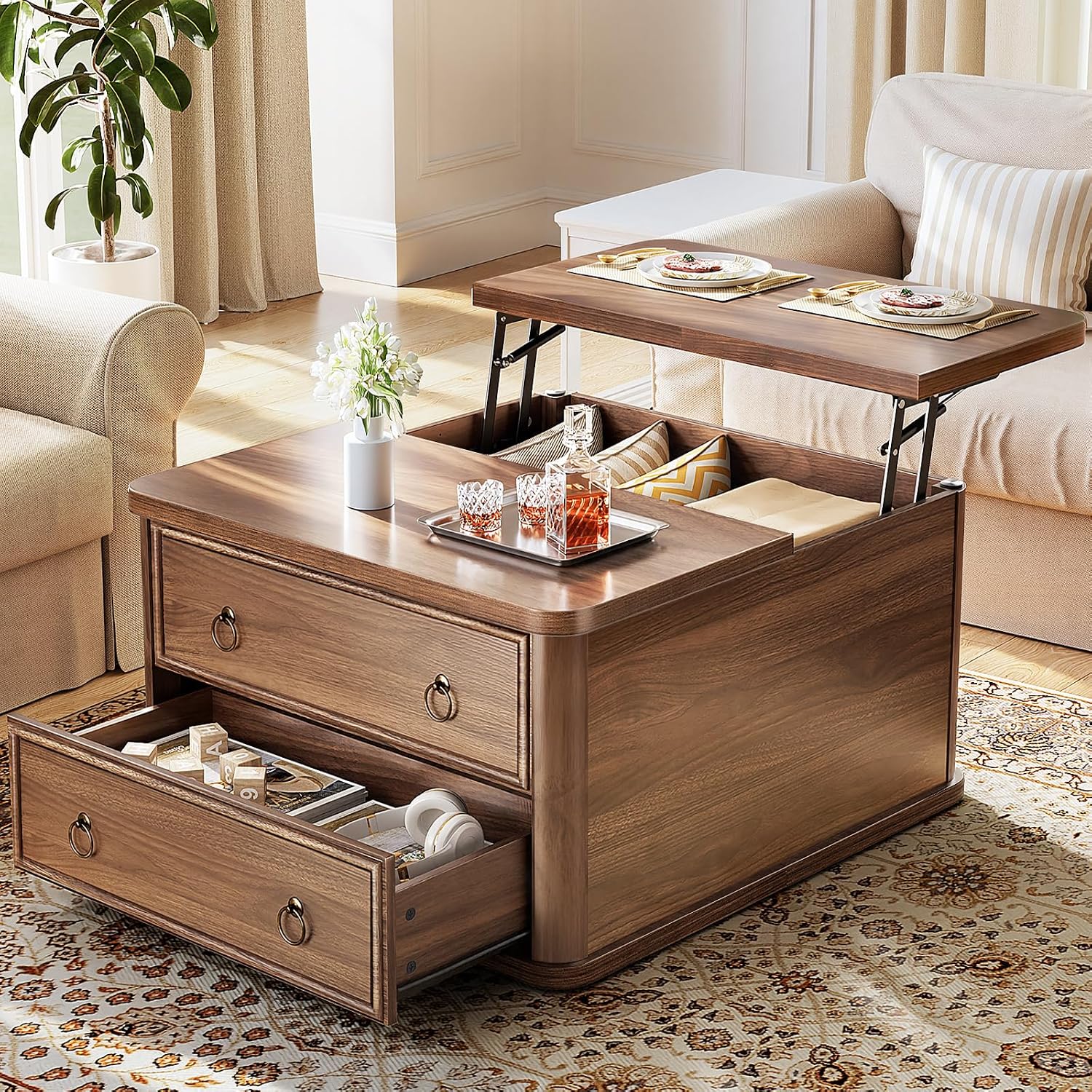 Memobarco 31.5' Lift Top Coffee Table with Storage,Square Coffee Tables with Lifting top for Living Room,Farmhouse Coffee Table with Large Drawers and 2 Hidden Compartment,Walnut
