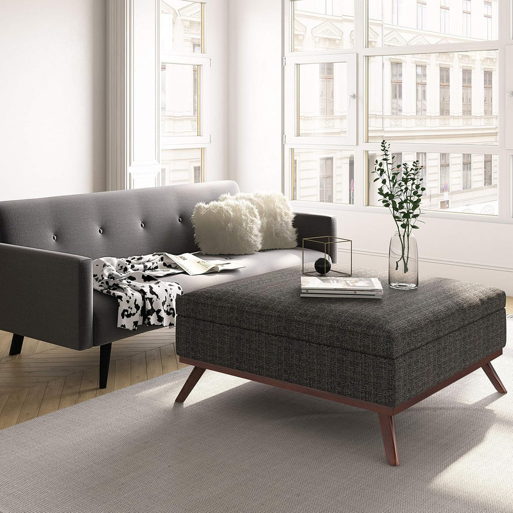 SIMPLIHOME Owen 36 inch Wide Mid Century Modern Square Coffee Table Storage Ottoman in Ebony Tweed Look Fabric, Assembled, for the Living Room, Entryway and Family Room