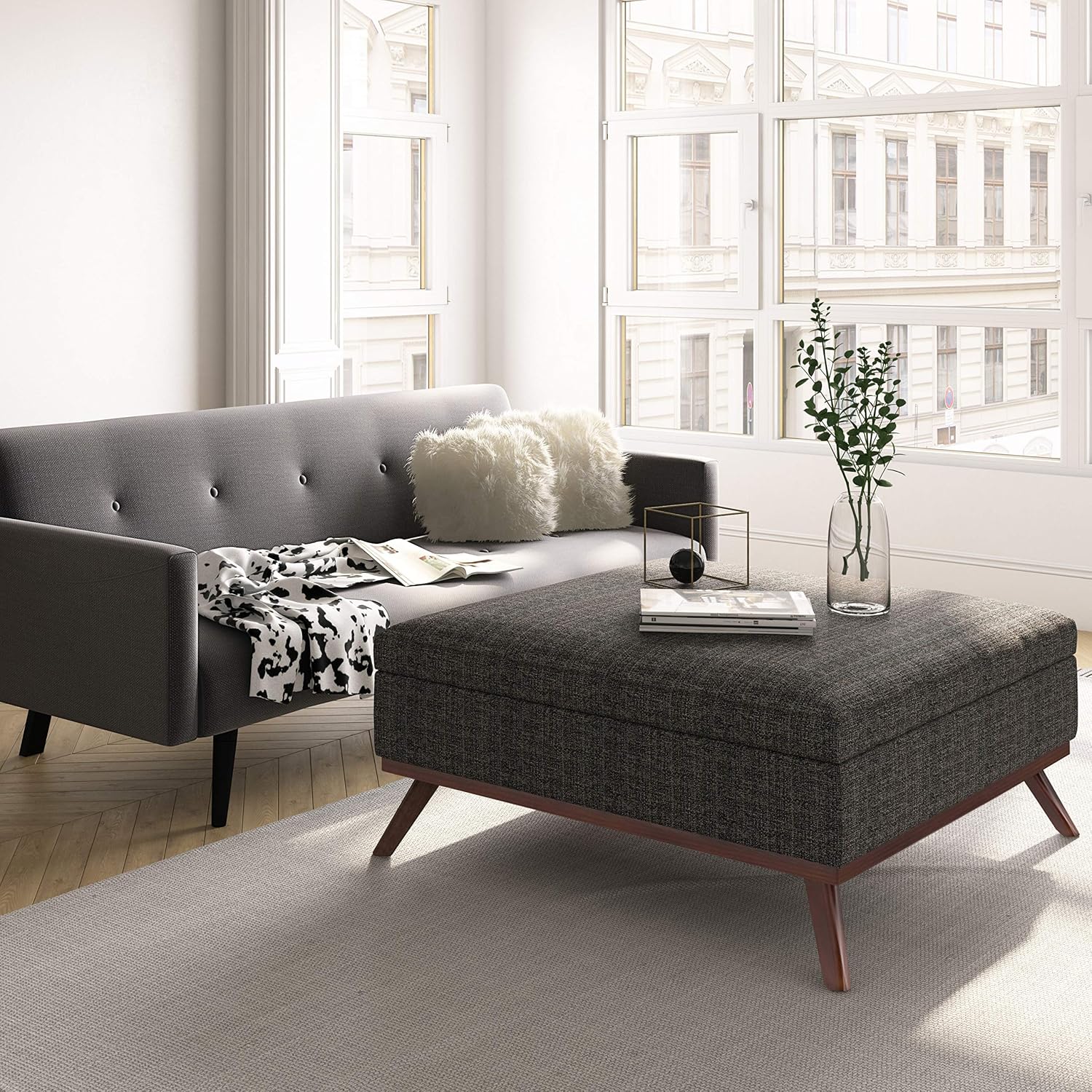 SIMPLIHOME Owen 36 inch Wide Mid Century Modern Square Coffee Table Storage Ottoman in Ebony Tweed Look Fabric, Assembled, for the Living Room, Entryway and Family Room