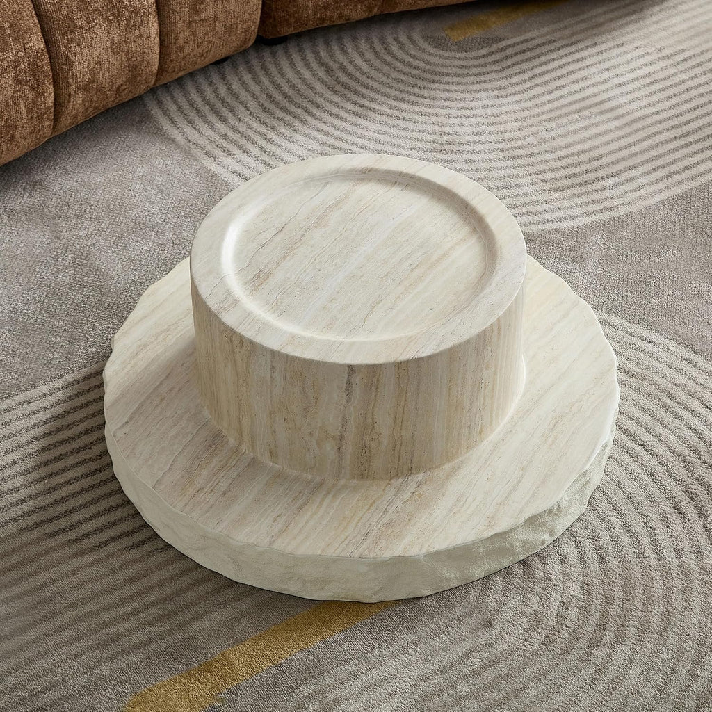JUSTONE Round Coffee Table for Living Room, 31.69 Inch Modern Accent Table with Faux Stone Beige Weathering Finish, Minimalist Side End Table for Apartment Office