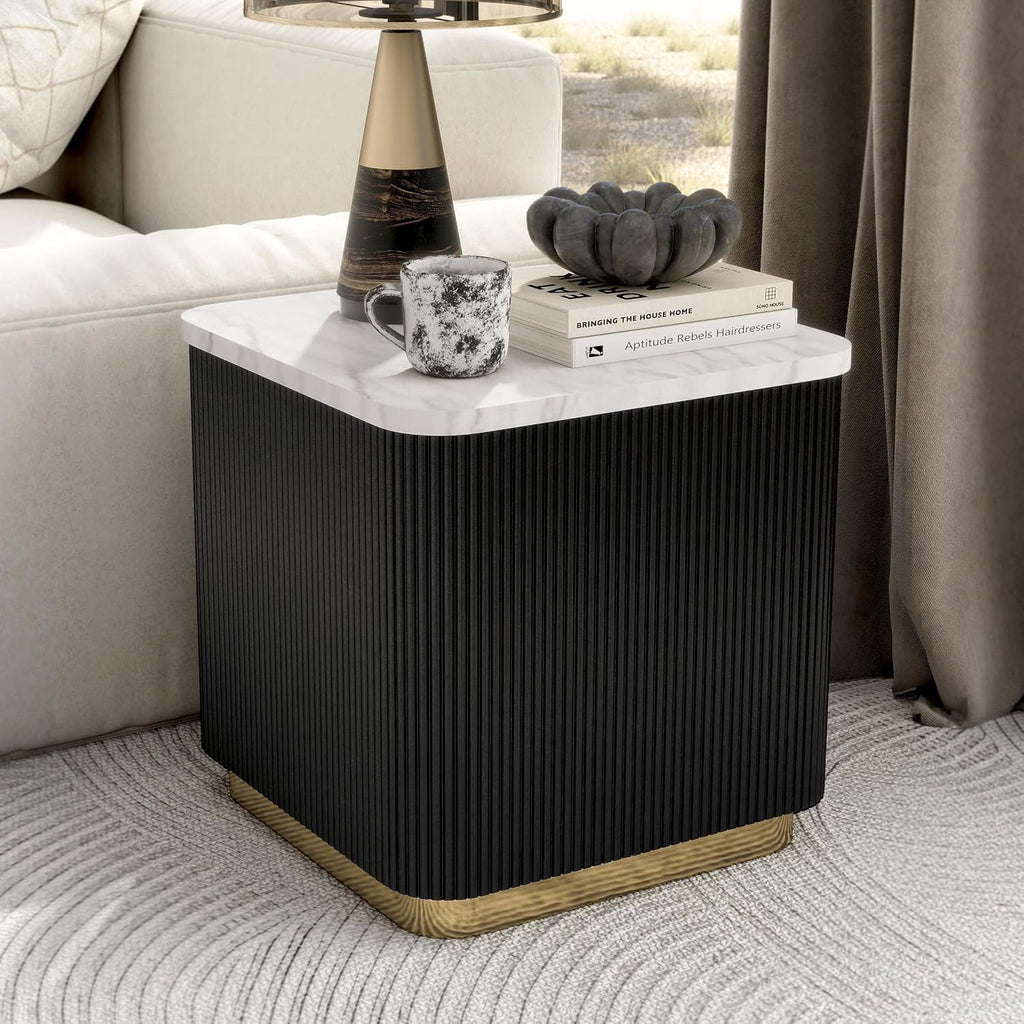 Furniture of America Beryl Modern Square White Genuine Marble Top End Table with Fluted Pedestal Base and Gold Stainless Steel Accent, Low Profile Table for Living Room, Home Office, Black