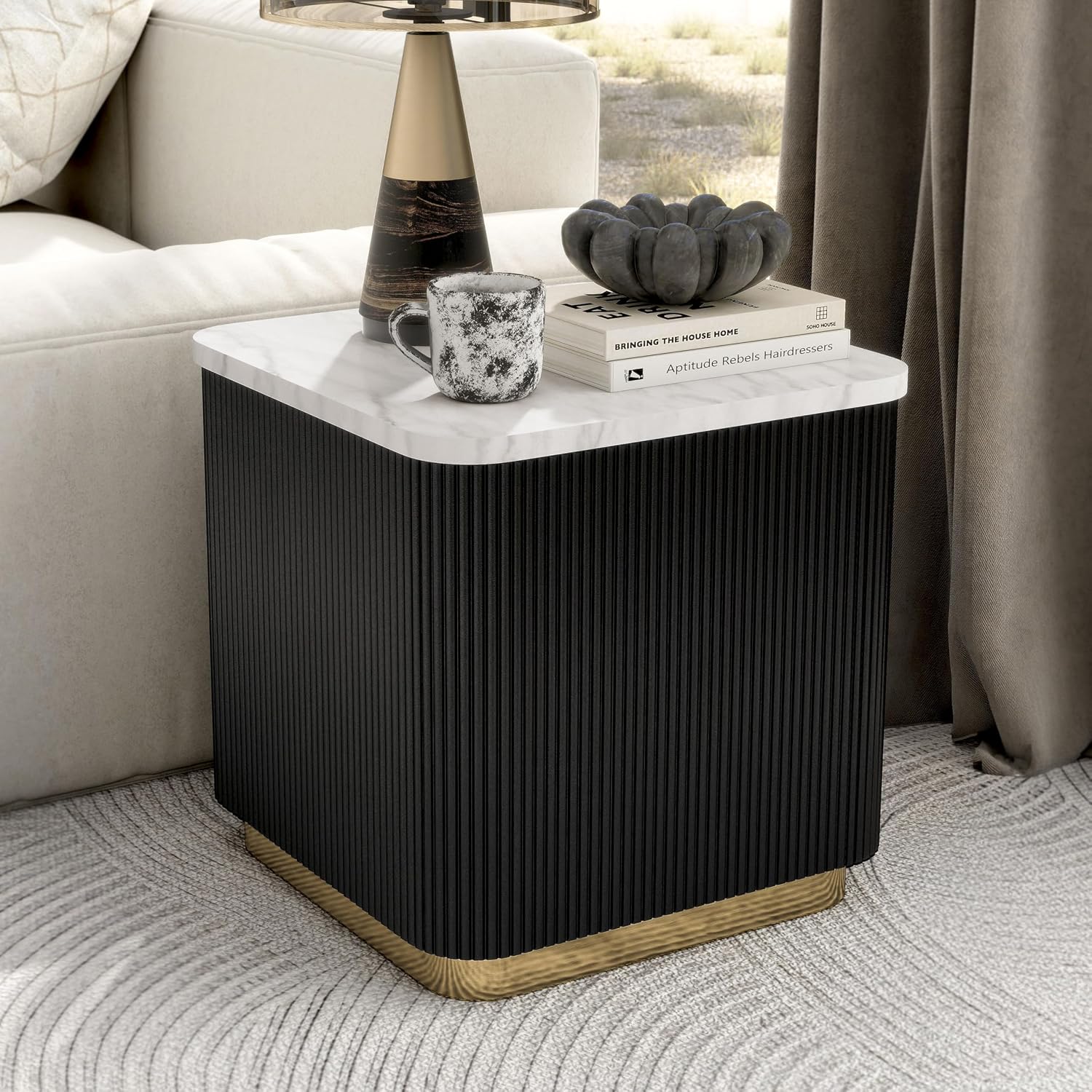 Furniture of America Beryl Modern Square White Genuine Marble Top End Table with Fluted Pedestal Base and Gold Stainless Steel Accent, Low Profile Table for Living Room, Home Office, Black