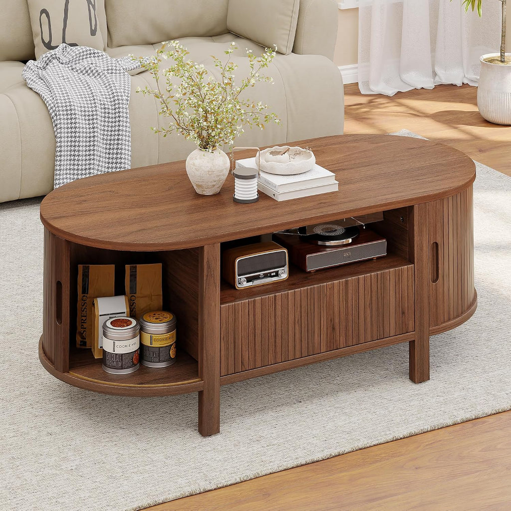ComfyCorner 47' Oval Coffee Table, Tambour Design Coffee Tables for Living Room, Mid Century Modern Wood Coffee Table, 3-Tier Accent Center Table with Storage, Large Drawer, Walnut