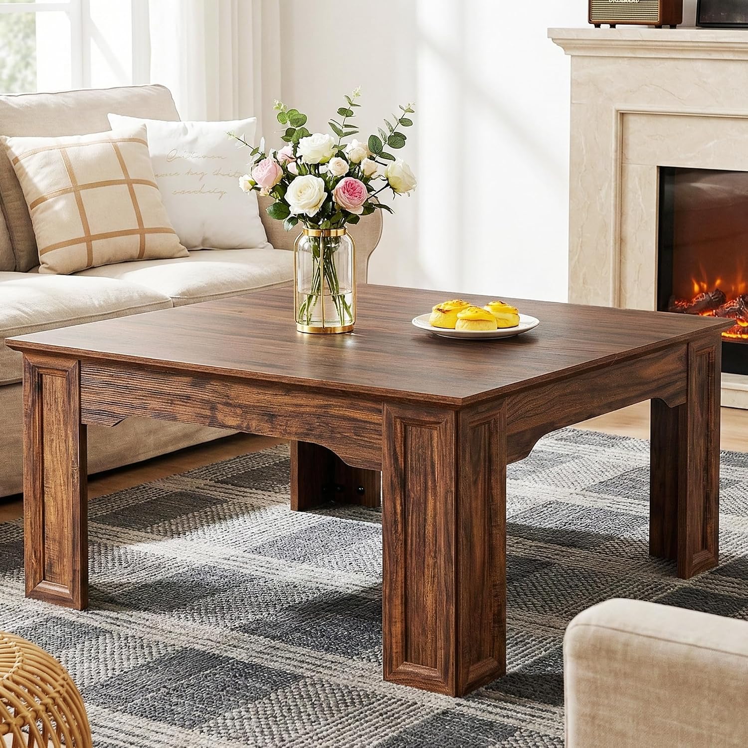 Square Coffee Table for Living Room, 39.4'' Farmhouse Wood Grain Finish Coffee Table with Carved Legs, Rustic Simple Style Center Table, Easy Assembly, Walnut Wood