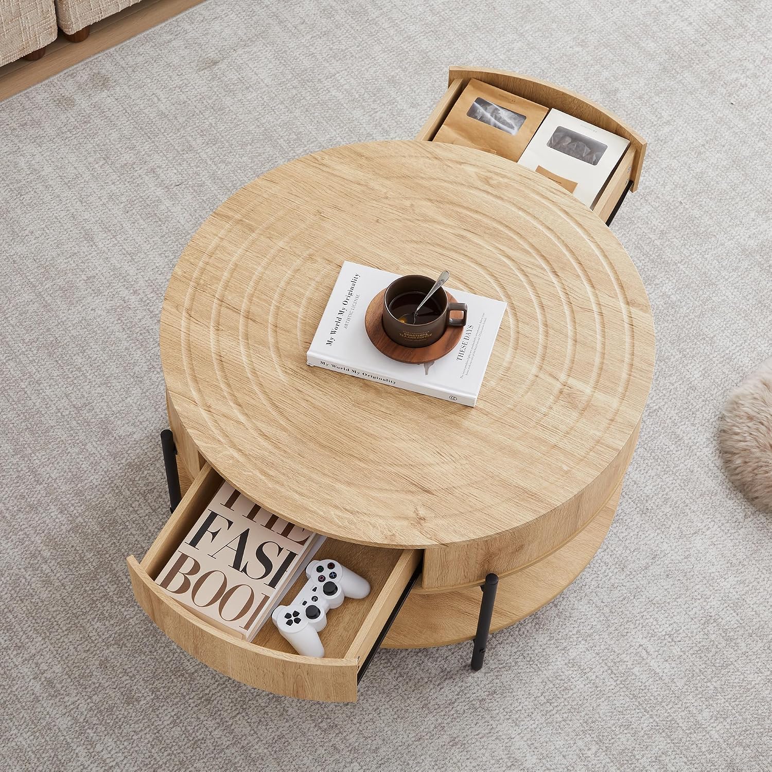 RARZOE 30.5' Round Coffee Table with Storage, Wooden Circle Coffee Table with Drawer, Storage Shelf, Metal Legs，Small Dining Table Accent Center Table for Living Room Home Office Apartment,Natural