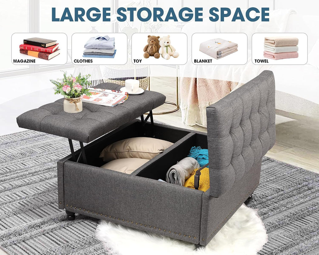 Grepatio 35.5' Large Square Storage Ottoman, Lift Top Ottoman Square Bench with Storage, Tufted Upholstered Ottomans, Ottomans Coffee Tables for Living Room, Bedroom (Gray)