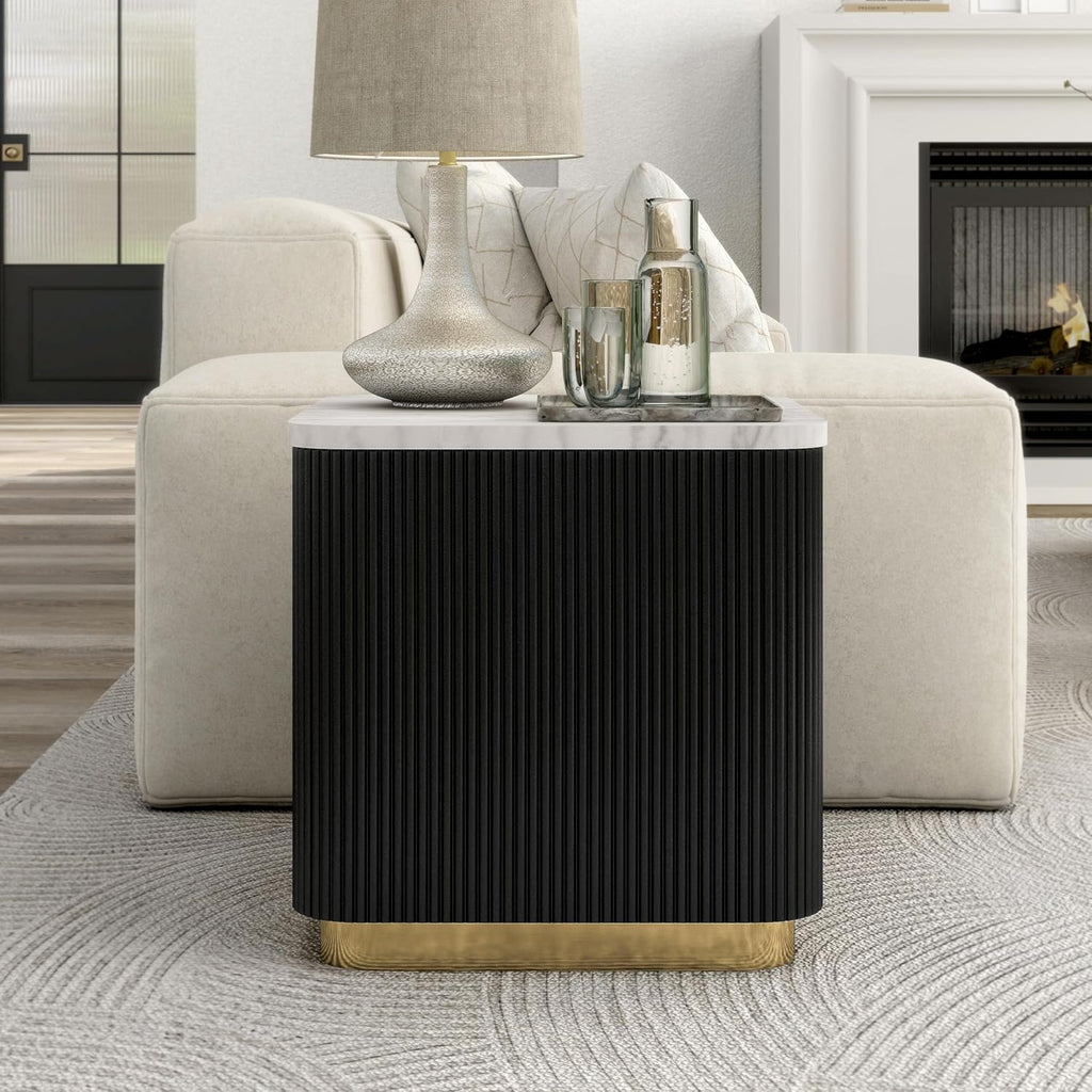 Furniture of America Beryl Modern Square White Genuine Marble Top End Table with Fluted Pedestal Base and Gold Stainless Steel Accent, Low Profile Table for Living Room, Home Office, Black
