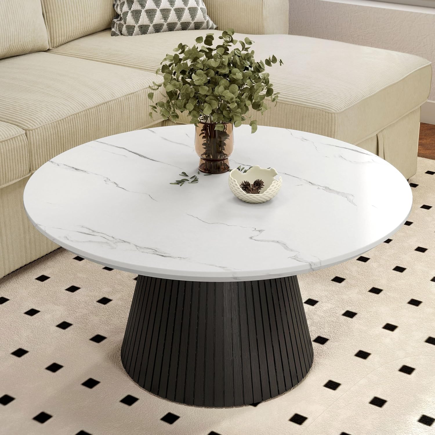 Furniture of America Coraly Modern 36-inch Round Coffee Table with High Gloss Faux Marble Top and Fluted Pedestal Base for Small Space, Living Room, Home Office, Black and White