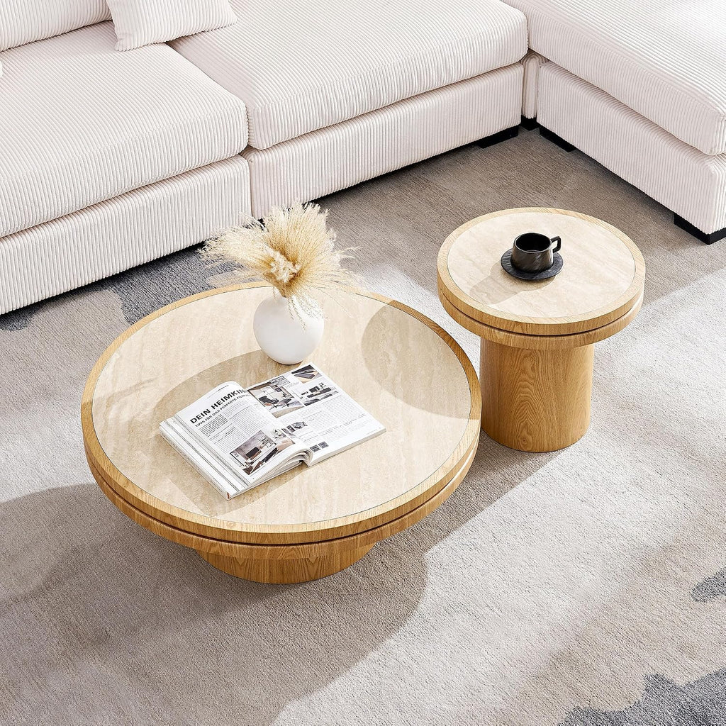 JUSTONE 19.49 '' Round Fluted Coffee Table Small Accent Table for Living Room,Modern Small Accent Table Sofa Side End Table for Living Room,Home Balcony(Natural)