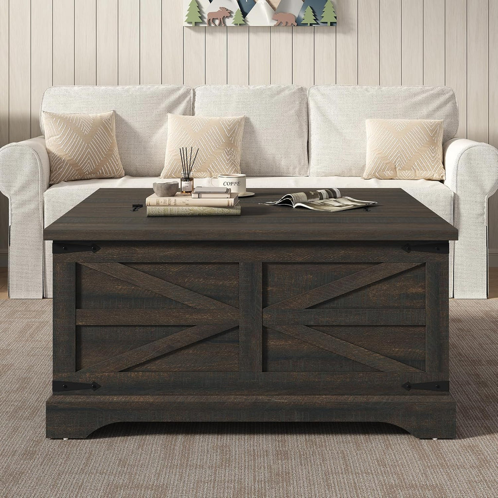 Furnideco 35.5''W Square Coffee Table Farmhouse Lift top Coffee Table with Large Hidden Storage, Wood Center Table for Living Room, Home Office, Dark Brown