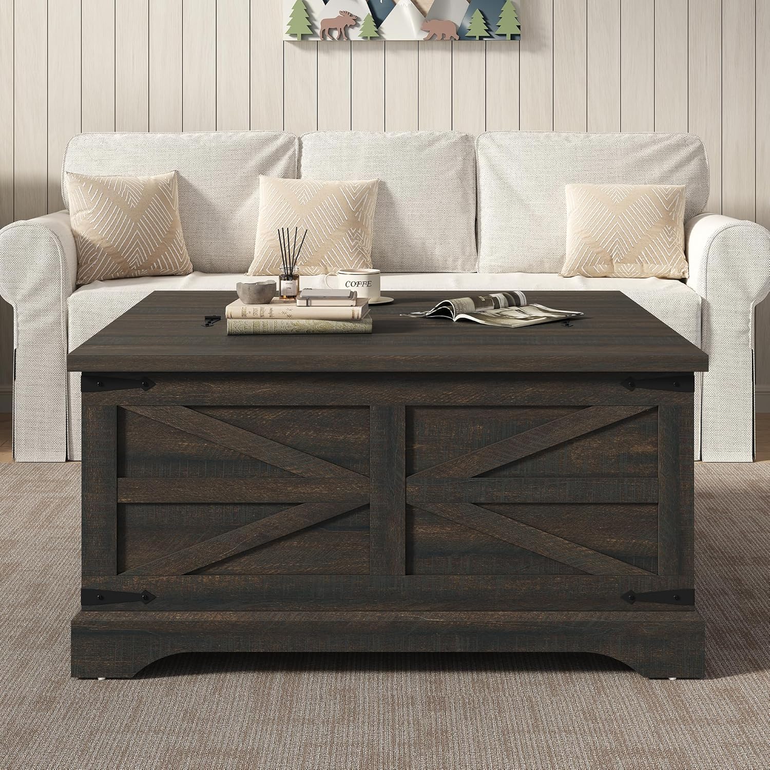 Furnideco 35.5''W Square Coffee Table Farmhouse Lift top Coffee Table with Large Hidden Storage, Wood Center Table for Living Room, Home Office, Dark Brown