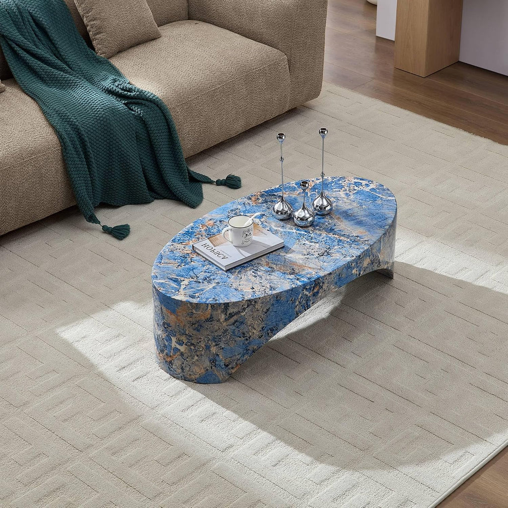 Oval Coffee Tables for Living Room, Faux Mars Pattern Pedestal CoffeeTables Mid Century Modern Minimalist Cave Tables Travertine Stone Pattern Accent End Table for Apartment, Office Fibgerglass Blue