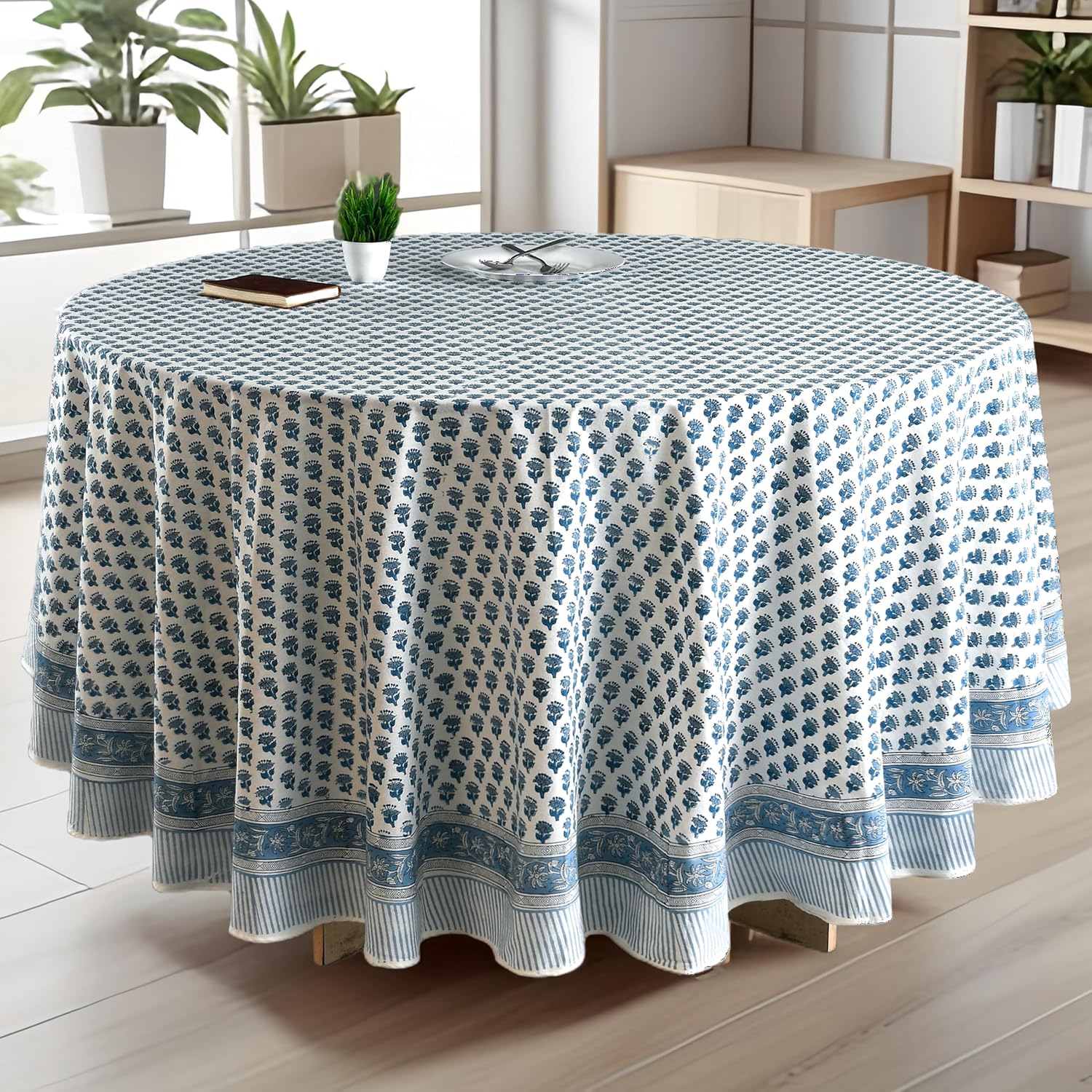 CPC Apatite Blue Block Print Cotton Handmade Round Tablecloth 132 Inch Decorative Table Cover for Home Decor, Dinning, Festive, Wedding, Farmhouse Gift for Spring, Mother's Day