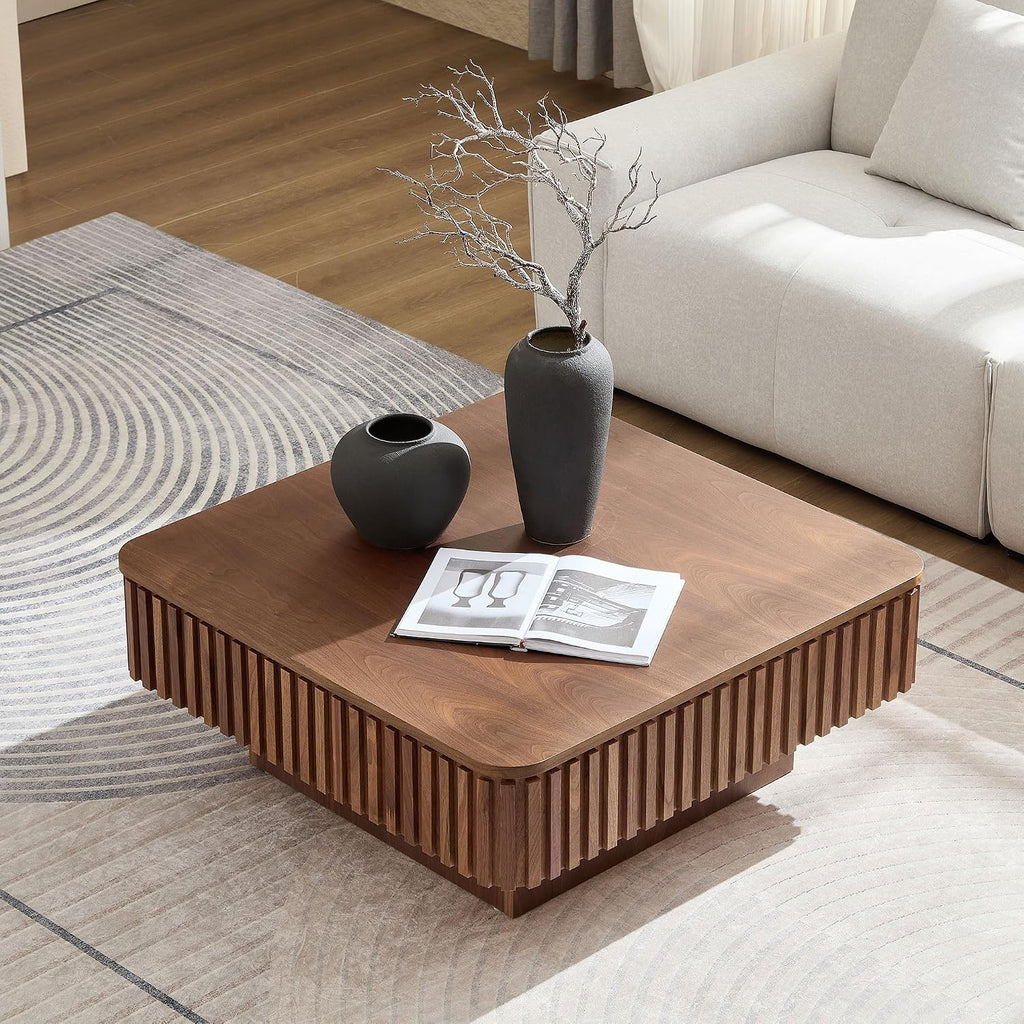 Square Coffee Table with Lift Top for Living Room Lift Up Coffee Table with Storage Fluted Coffee Tables Mid Century Modern Center Tables for Apartment 35.43'' Walnut