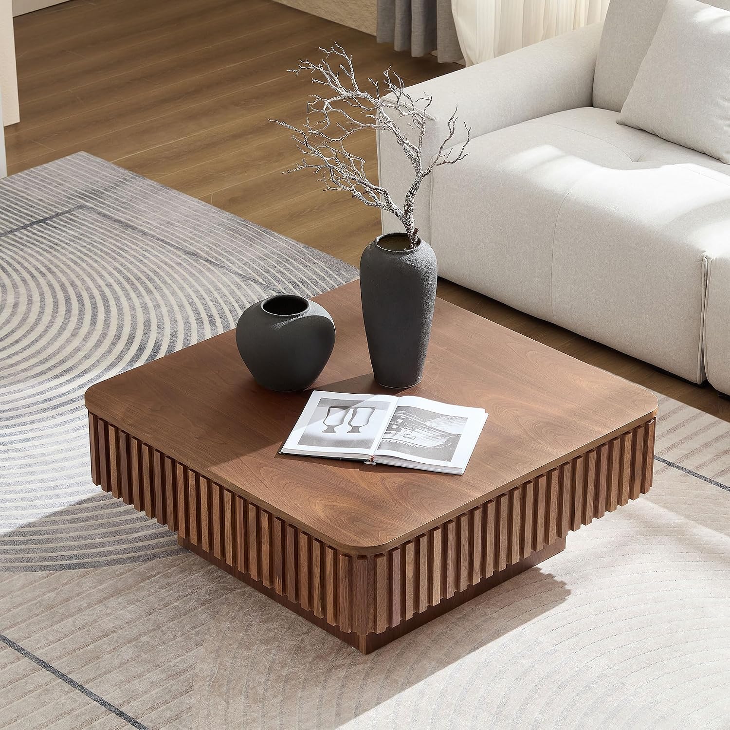 Square Coffee Table with Lift Top for Living Room Lift Up Coffee Table with Storage Fluted Coffee Tables Mid Century Modern Center Tables for Apartment 35.43'' Walnut