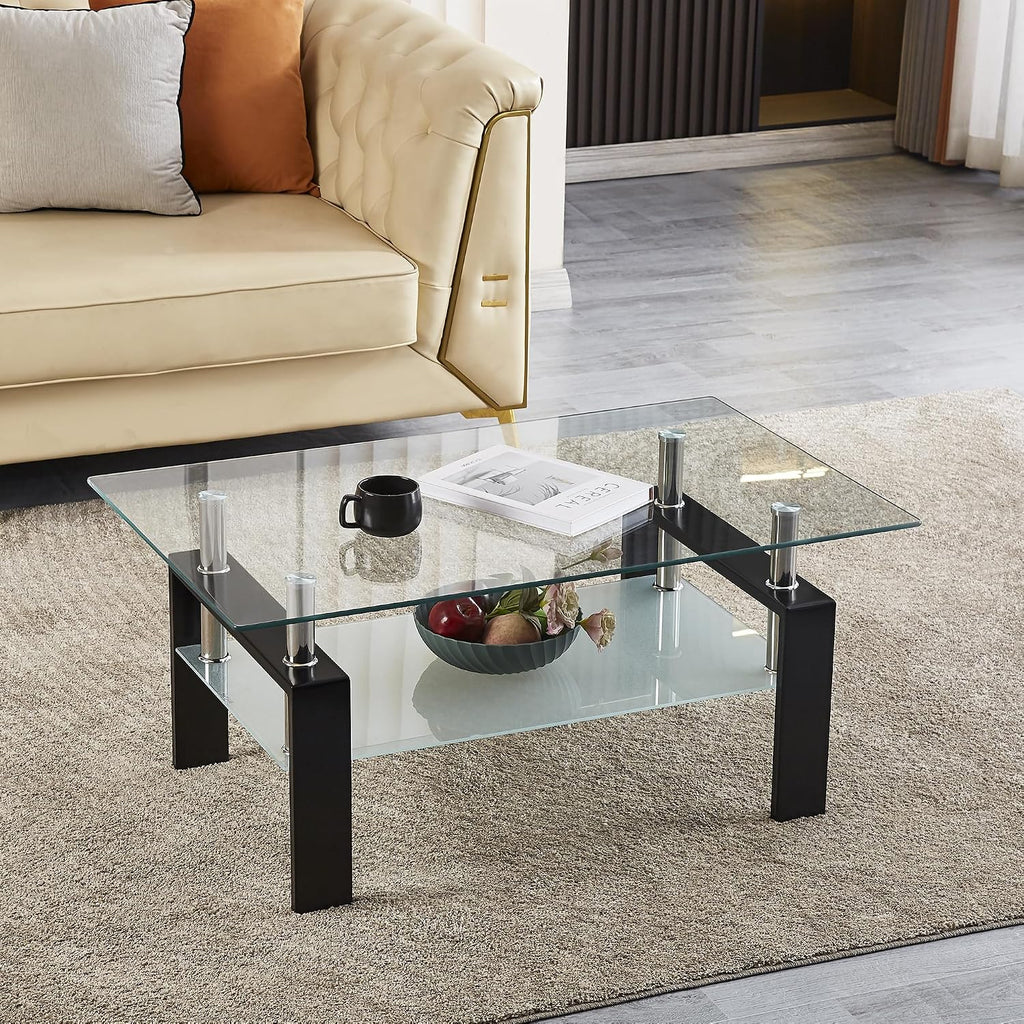 Glass Coffee Table Set of 3, Modern Clear Coffee and End Tables Set with Black Metal Legs, Small Waterfall Glass Coffee Table Set for Living Room, 3 PCS