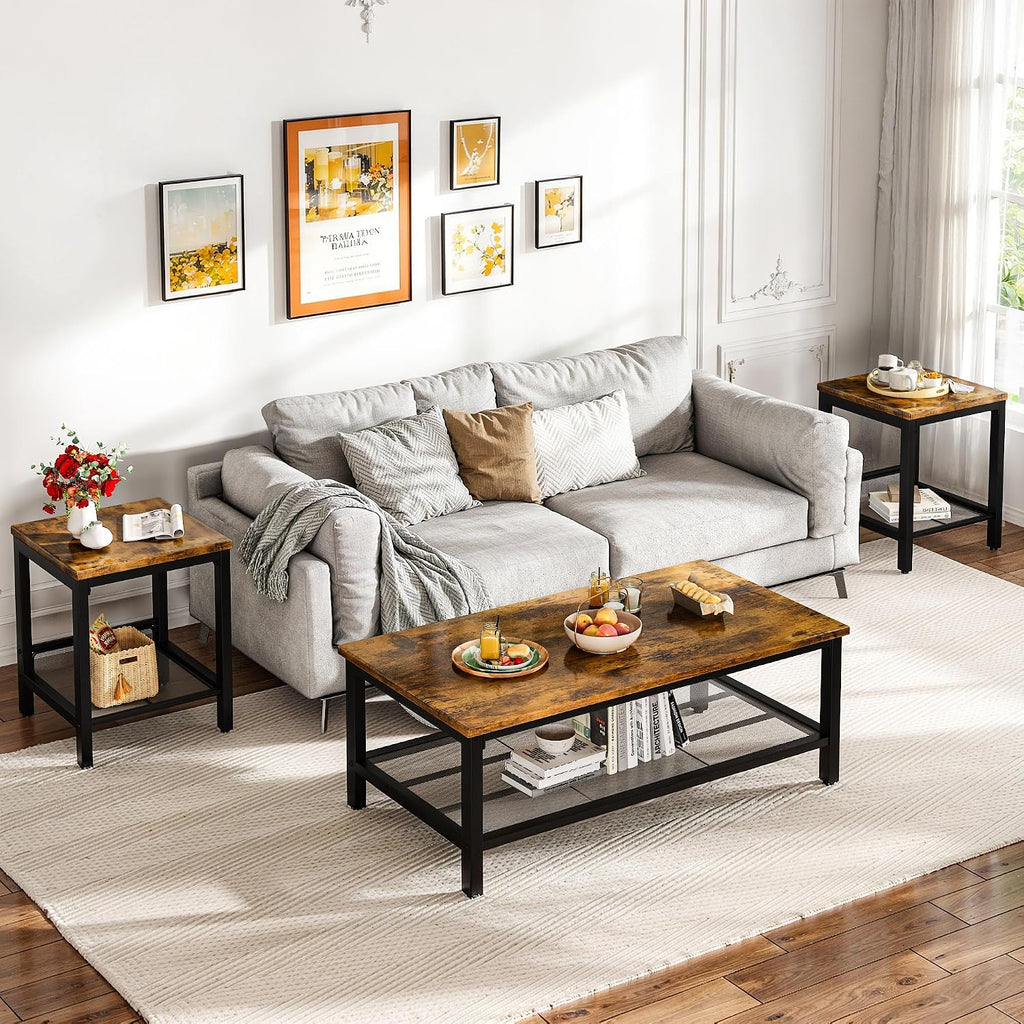 Recaceik 3-Piece Living Room Coffee Table Set, Industrial Coffee Table with 2 Square End Side Tables, Modern Living Room Table Set with Metal Frame for Apartment Home Office (Rustic Brown)
