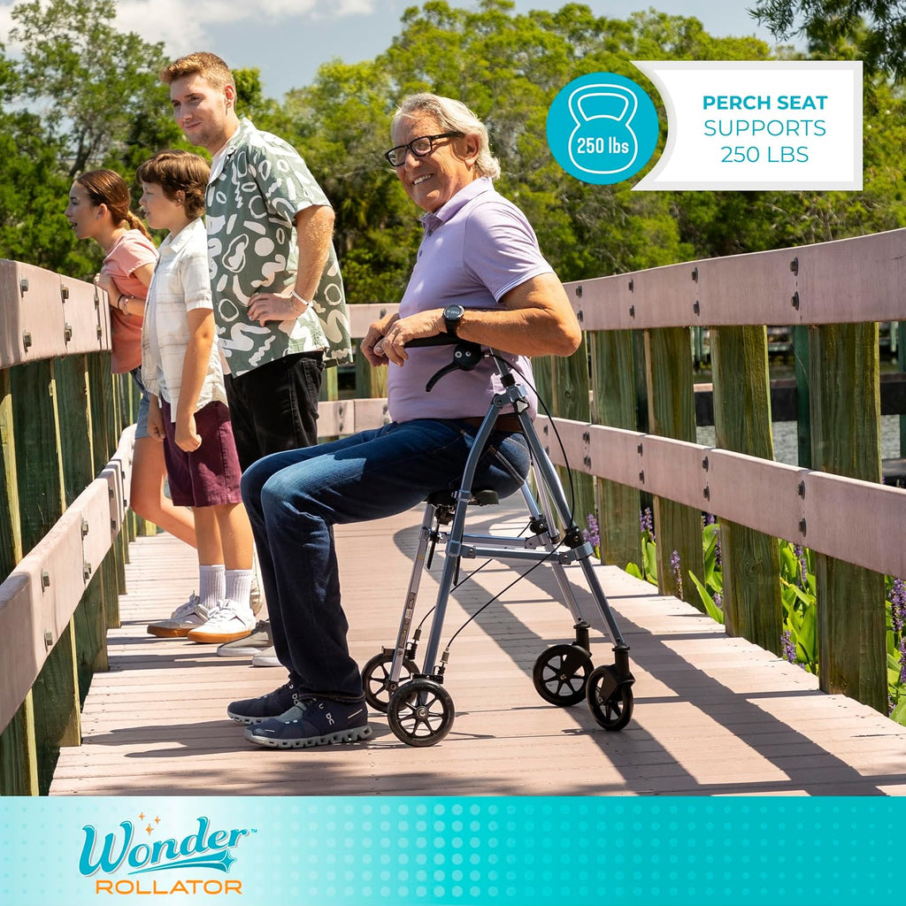 Stander Space Saver Rollator, Lightweight Folding Rolling Walker with Seat for Seniors & Adults, 4-Wheel Mobility Aid with 6-inch Wheels, Locking Brakes & Padded Seat with Backrest, Black Walnut