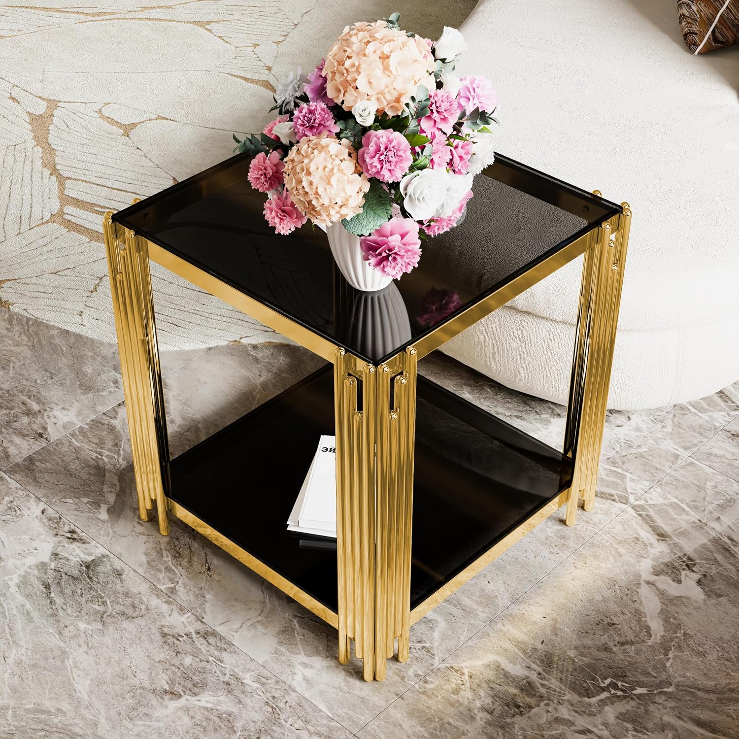 Merax Table Set of 3, with 1 Rectangle Coffee Table & 2 Square End Tables, Black Mirror, Asymmetrical Metal, Gold Finish & Lower Shelf, for Living Room Apartment, Black