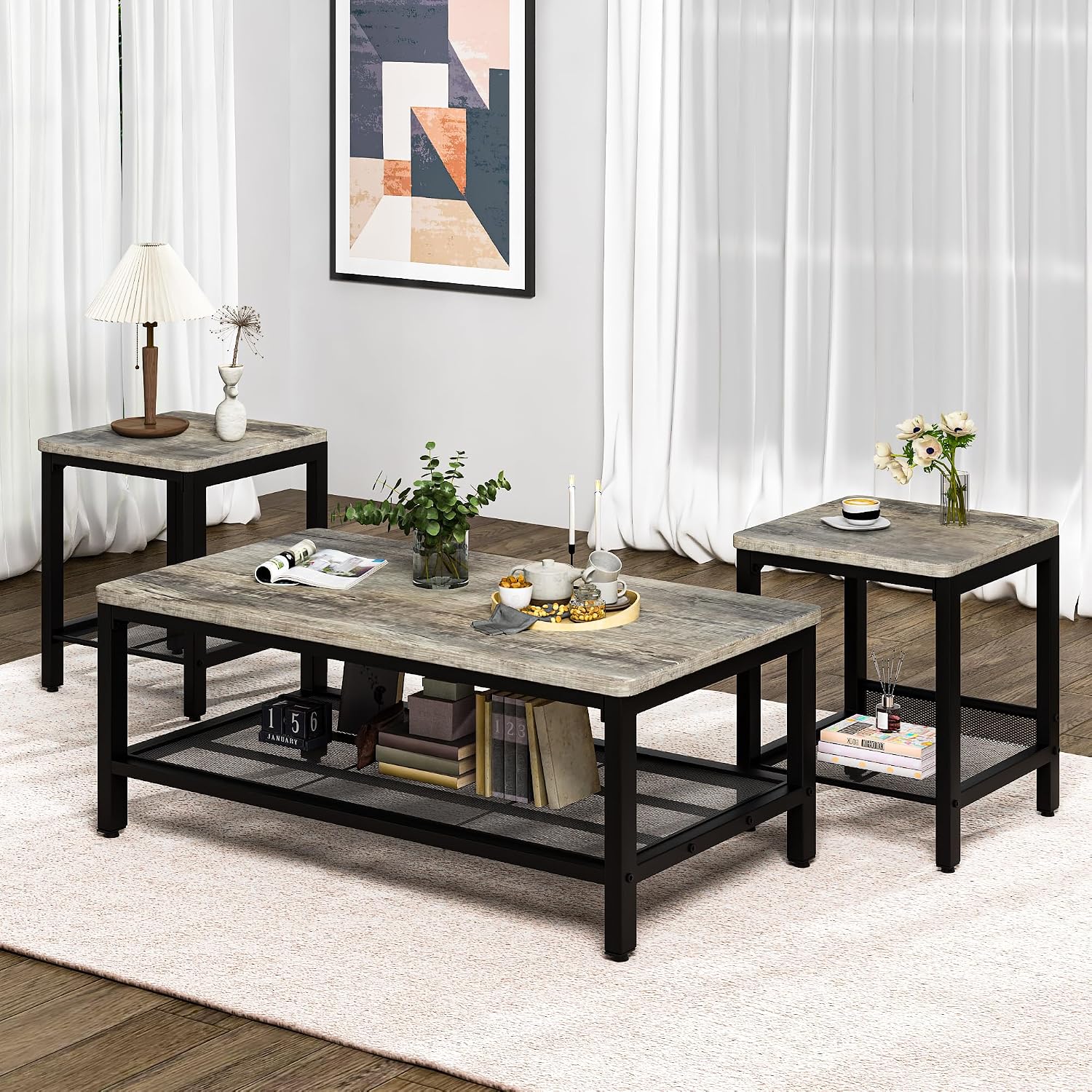 furlinkhm Coffee Table Set of 3, Industrial Coffee Table with 2 Square End Side Tables, Modern Living Room Table Set, with Metal Frame, for Apartment Home Office, Grey