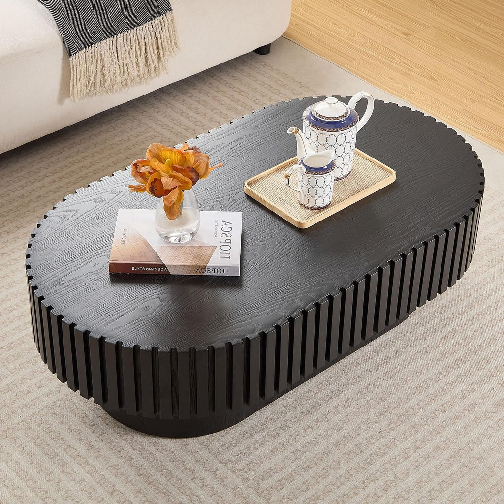 Oval Coffee Table for Living Room Wooden Coffee Table with Pedestal Modern Handcrafted Centre Table Tea Table Easy Assembly 43.7' Black
